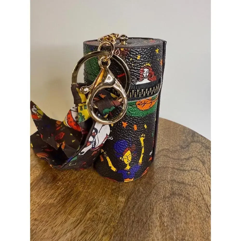 Circus Print Mini Barrel Keychain Case w Scarf AirPods Coin Pouch NWT